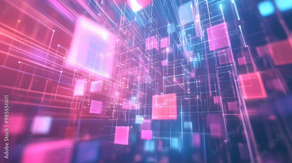 Aufkleber Abstract geometric shapes representing AI algorithms float in a high-energy digital space, with neon hues and dynamic lines, but the soft, steady glow creates a chill atmosphere.