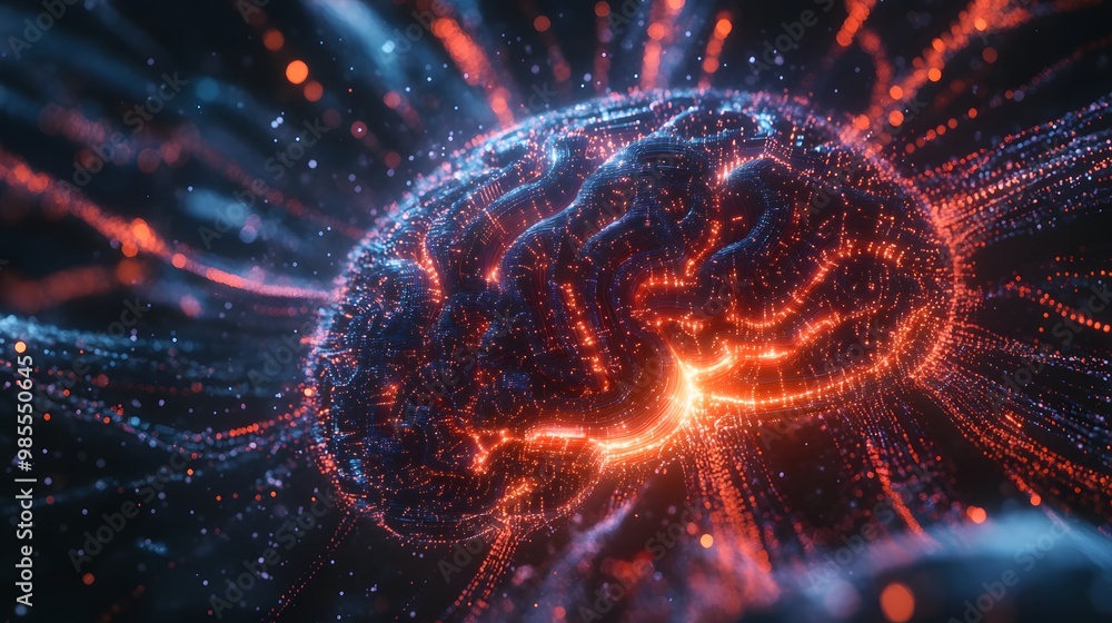 Poster An abstract AI brain composed of glowing circuits and data streams pulses with vibrant energy in a futuristic space, yet the calm, flowing patterns evoke a relaxed, chill mood.