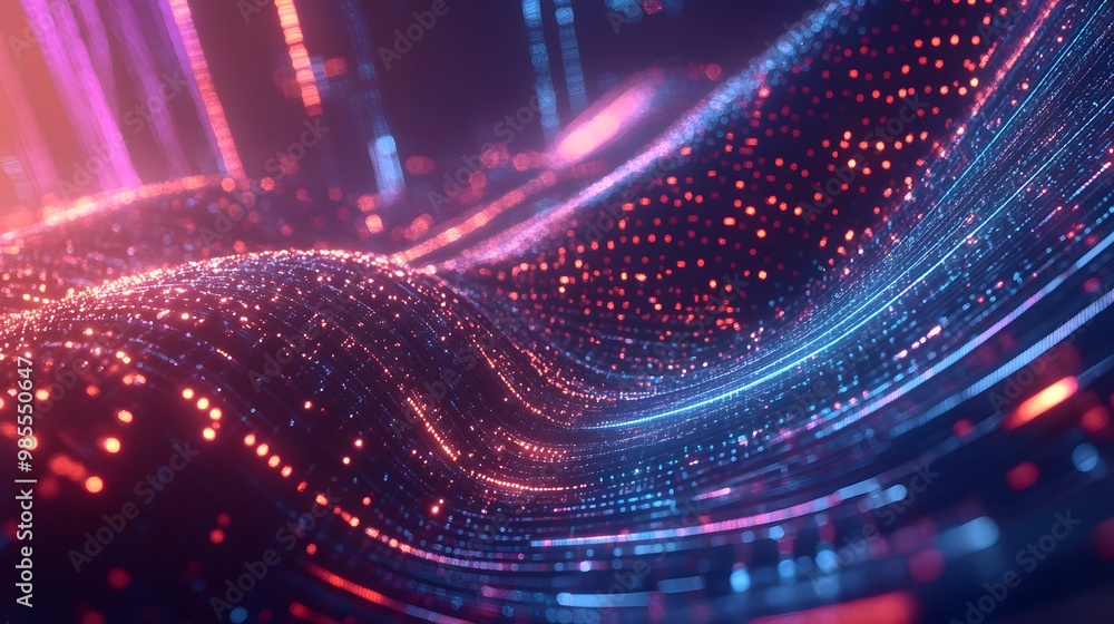 Aufkleber Abstract geometric shapes representing AI algorithms float in a high-energy digital space, with neon hues and dynamic lines, but the soft, steady glow creates a chill atmosphere.