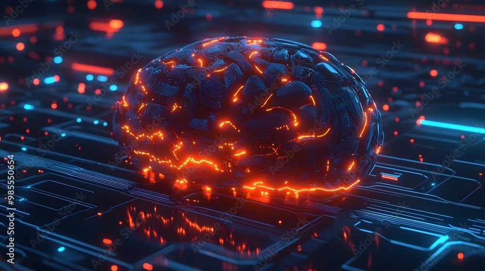 Poster An abstract AI brain composed of glowing circuits and data streams pulses with vibrant energy in a futuristic space, yet the calm, flowing patterns evoke a relaxed, chill mood.