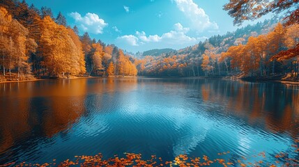 Naklejka premium Beautiful autumn landscape on the lake. Beautiful lake scenery with autumn leaves in colorful forest. Autumn colors in nature. Stunning nature landscapes. Generative AI.