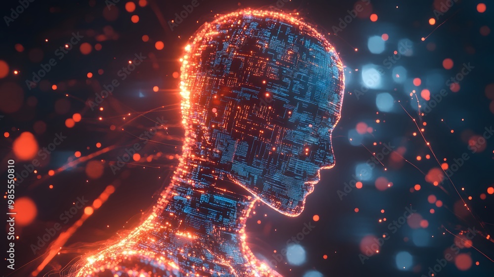 Aufkleber glowing lines of code and circuits race through a high-energy abstract space, forming an ai figure t