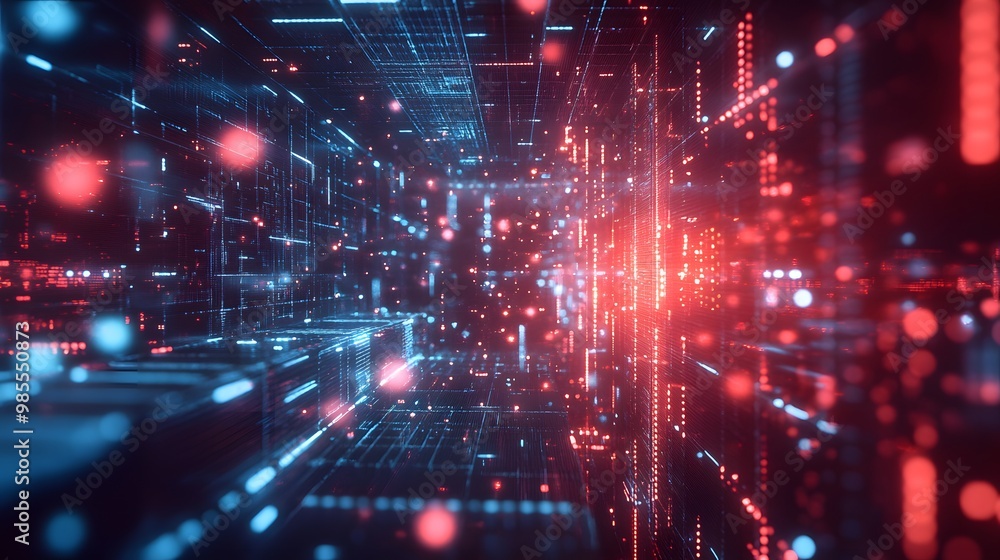 Poster A network of pulsating AI circuits and geometric shapes lights up in a futuristic abstract space, with fast-paced energy tempered by cool, soothing tones, evoking a chill mood.
