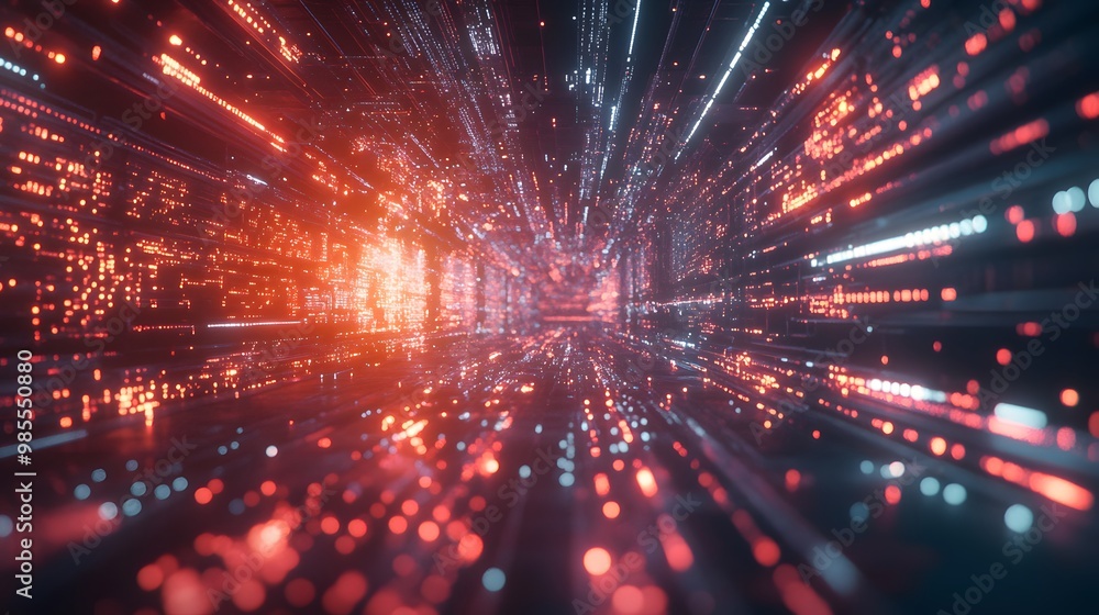 Poster A network of pulsating AI circuits and geometric shapes lights up in a futuristic abstract space, with fast-paced energy tempered by cool, soothing tones, evoking a chill mood.