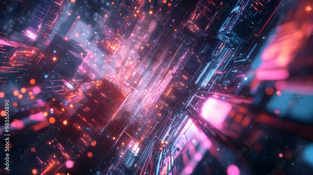 Poster A network of pulsating AI circuits and geometric shapes lights up in a futuristic abstract space, with fast-paced energy tempered by cool, soothing tones, evoking a chill mood.