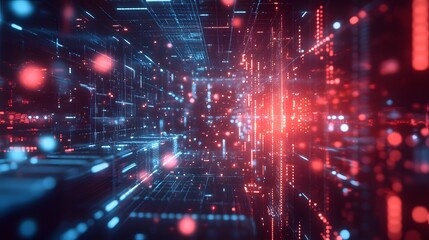 A network of pulsating AI circuits and geometric shapes lights up in a futuristic abstract space, with fast-paced energy tempered by cool, soothing tones, evoking a chill mood.