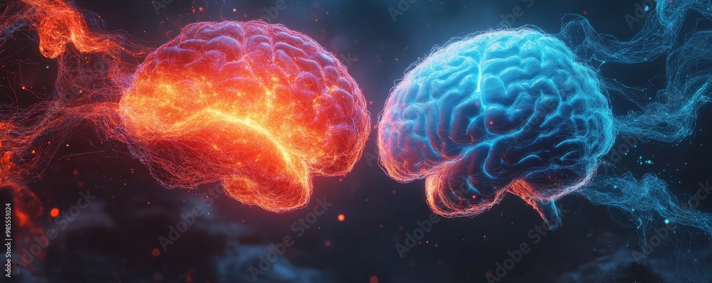 Poster digital art of two interconnected brains in vibrant red and blue colors representing communication a