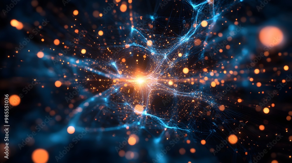 Poster Abstract patterns of glowing circuit lines weave through a dark background, converging into a central point that represents AI intelligence, with soft radiance suggesting a feeling of thankfulness.