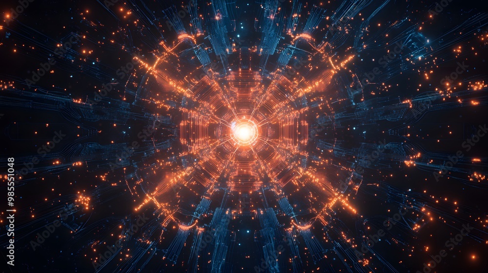 Aufkleber Abstract patterns of glowing circuit lines weave through a dark background, converging into a central point that represents AI intelligence, with soft radiance suggesting a feeling of thankfulness.