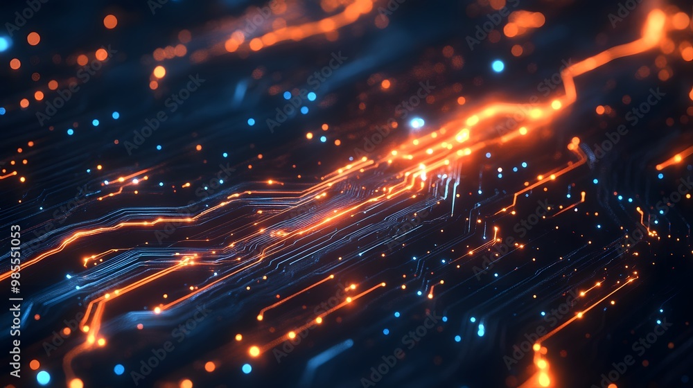 Poster Abstract patterns of glowing circuit lines weave through a dark background, converging into a central point that represents AI intelligence, with soft radiance suggesting a feeling of thankfulness.