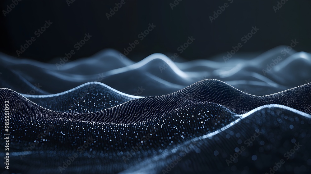 Fototapete a dark, minimalist digital landscape with floating abstract shapes that pulse with light, symbolizin