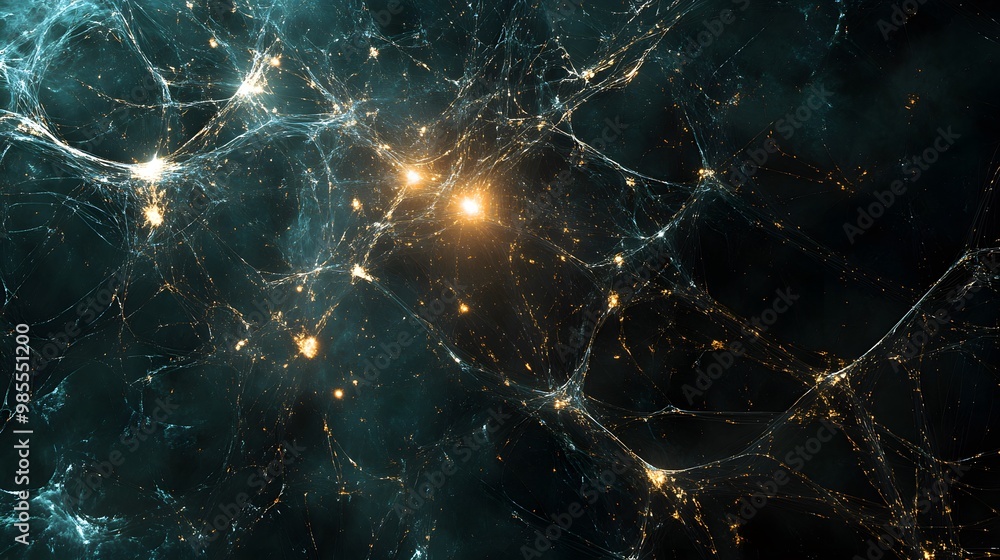Poster Abstract lines of code and neural networks spread across a dark, infinite space, with bright nodes symbolizing AI breakthroughs, emitting a thankful glow.