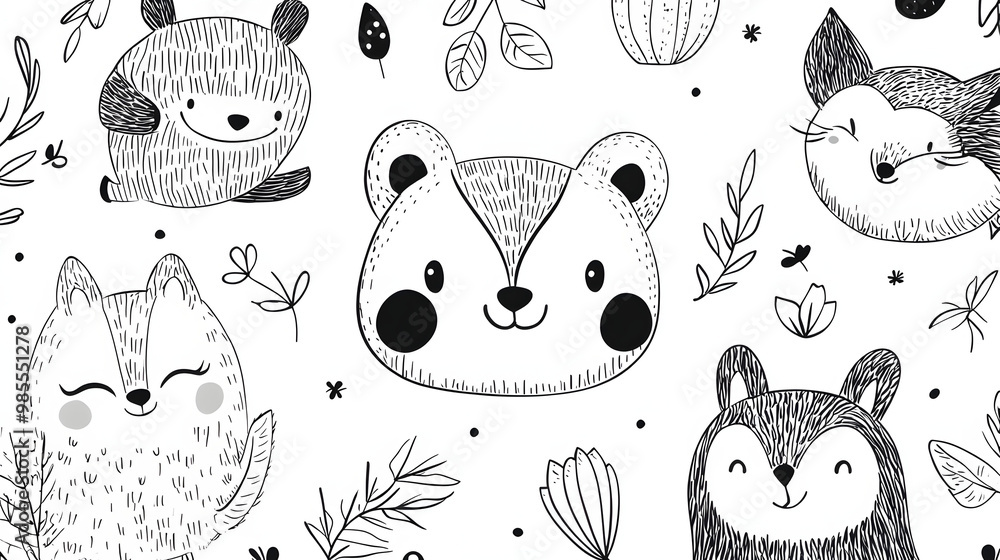 Wall mural cute baby animal cartoon seamless pattern vector illustration set with rabbits, cats, bears, cows, p