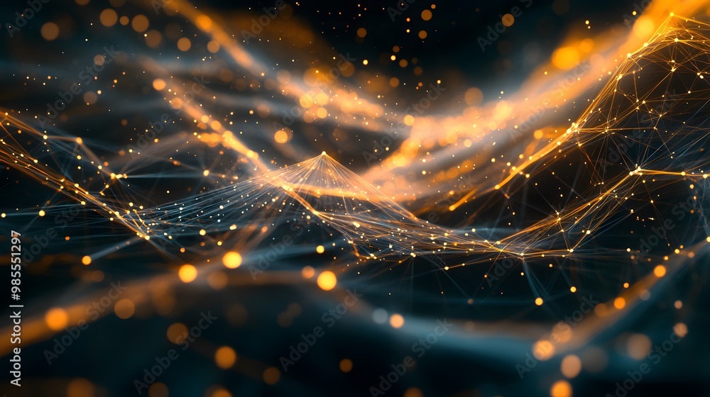 Poster Floating geometric shapes and lines form an abstract AI system in a dark, digital space, with gentle, warm light radiating a feeling of thankfulness and awe.