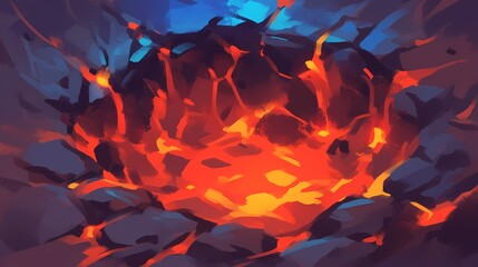 A vivid illustration of molten lava glowing in a crater, capturing a fiery spectacle.