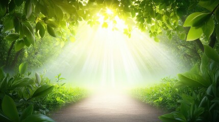 A soft green nature background featuring a forest trail lined with fresh leaves and bright sunlight peeking through the canopy.