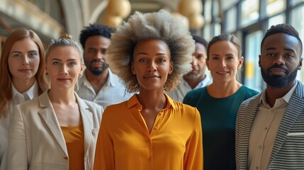 Obraz premium A diverse group of people standing together in a bright, modern space. The group of business people. Generative AI.