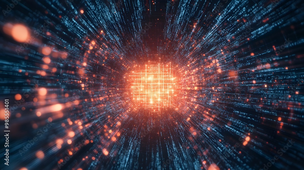 Poster Abstract lines of flowing code create a glowing AI symbol in the center of a dark, endless space, with light gently emitting gratitude and progress.