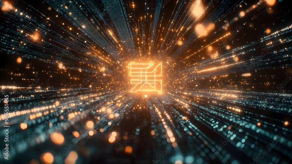 Poster Abstract lines of flowing code create a glowing AI symbol in the center of a dark, endless space, with light gently emitting gratitude and progress.