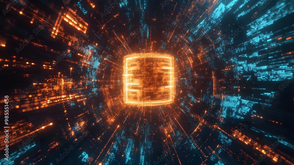 Fototapete Abstract lines of flowing code create a glowing AI symbol in the center of a dark, endless space, with light gently emitting gratitude and progress.