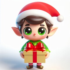 3D Big eyed cartoon christmas elf holding a front facing solid color gift box