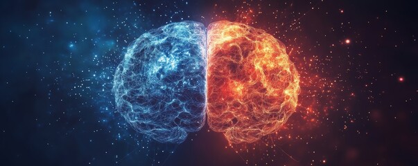 Digital illustration of two interconnected brains with contrasting blue and red neural networks on a cosmic background