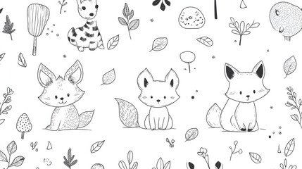 Obraz premium Cute baby animal cartoon seamless pattern vector illustration set with rabbits, cats, bears, cows, pandas, dogs, sheep, and more