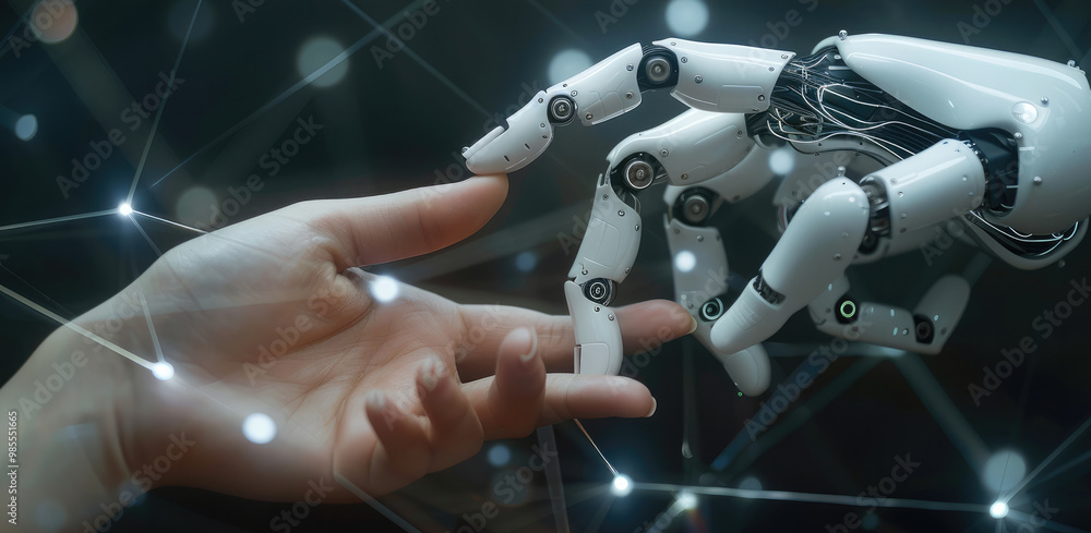 Aufkleber Robot and Human Contact Hands on Big Data Network Connections. Generative AI.