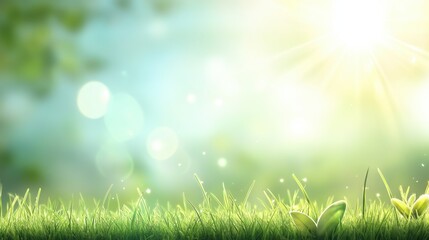 Fototapeta premium A sunlit green grass meadow with soft shadows and copy space for text or overlays, perfect for nature-themed designs