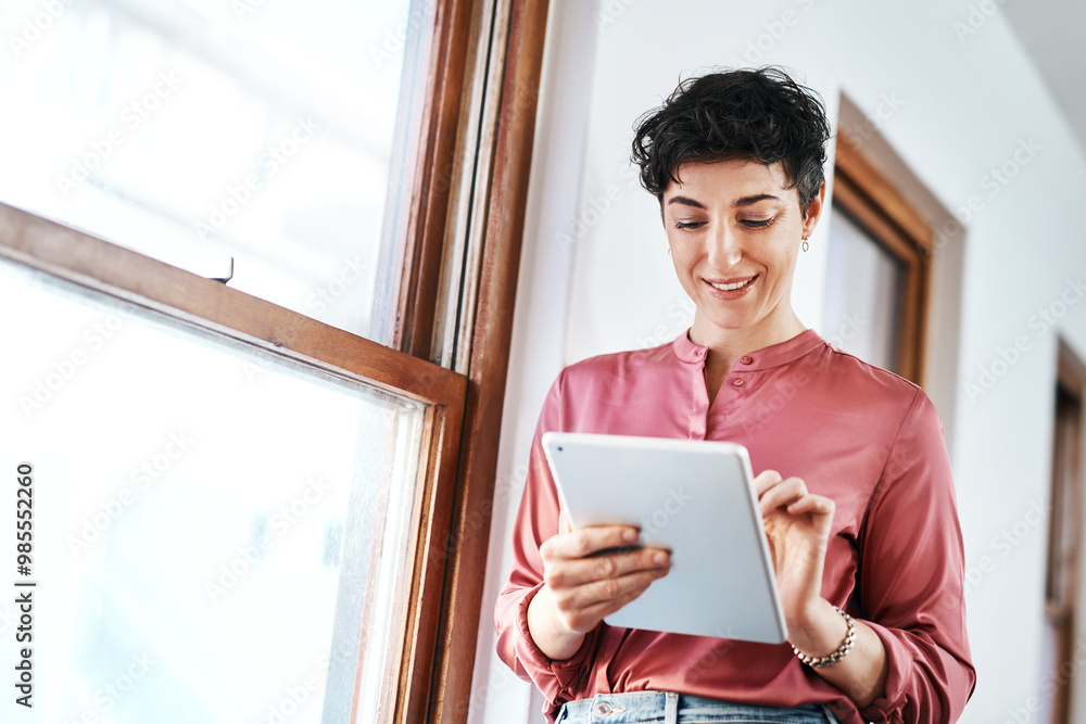 Aufkleber Creative, happy and woman with tablet in office for web development, email or communication. Company, developer and smile with technology at IT startup for ux project plan, info or update of database