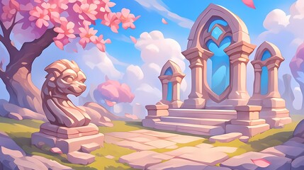 Obraz premium Serene fantasy landscape featuring a stone lion and ornate archways among cherry blossoms.