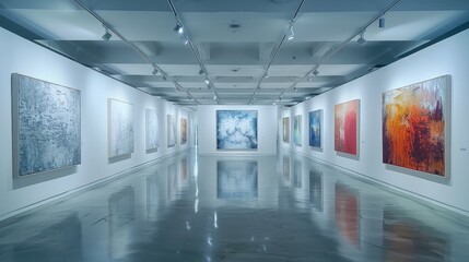 Fototapeta premium A large modern art gallery with white walls and concrete floors, displaying various abstract paintings. Generative AI.