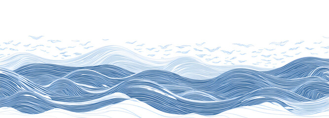 Blue line art ocean waves pattern, a simple vector illustration with a white background