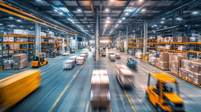 This bustling industrial distribution center showcases large shipping bays filled with activity, featuring neatly organized freight areas and busy forklifts transporting packages