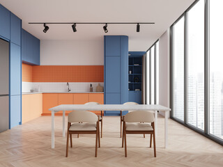 Modern kitchen interior with colorful cabinets and dining area. 3D Rendering