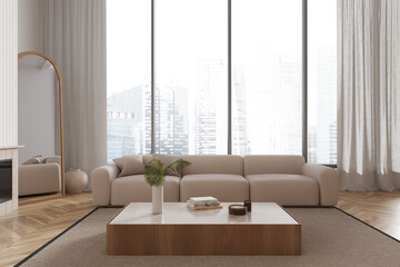 Modern home living room interior with couch and coffee table, panoramic window