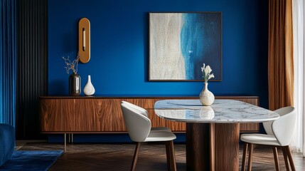 A contemporary dining area showcases a polished marble table and stylish chairs, complemented by a vibrant blue wall and elegant decor, perfect for hosting gatherings