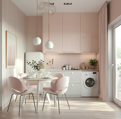 kitchen with round table and chairs, white cabinets, pink accents, washing machine in the corner of the kitchen, light wood floor, pastel aesthetic