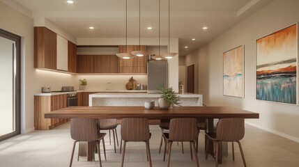 Fototapeta premium This kitchen showcases a stylish wooden table surrounded by chairs, illuminated by soft lighting, creating an inviting and airy atmosphere in a modern architectural space