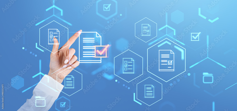 Poster hand interacting with digital documents and checklists icons on a blue background.