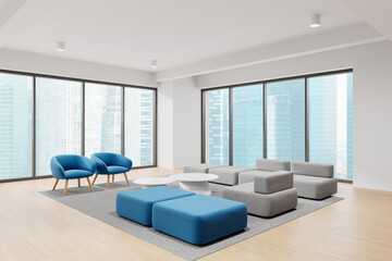Spacious modern office interior with blue and gray seating area, large windows overlooking the city, on wooden floor background. Concept of coworking space. 3D Rendering