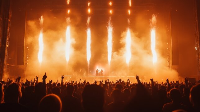A lively concert takes place at night, captivating the audience with dazzling pyrotechnics that light up the stage as fans cheer and raise their hands in excitement