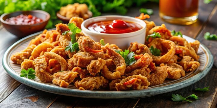Enjoy crispy fried chitterlings served on a plate, garnished and paired with a delicious dipping sauce, creating a