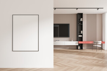 Stylish home bedroom interior with tv screen, table and window. Mock up poster