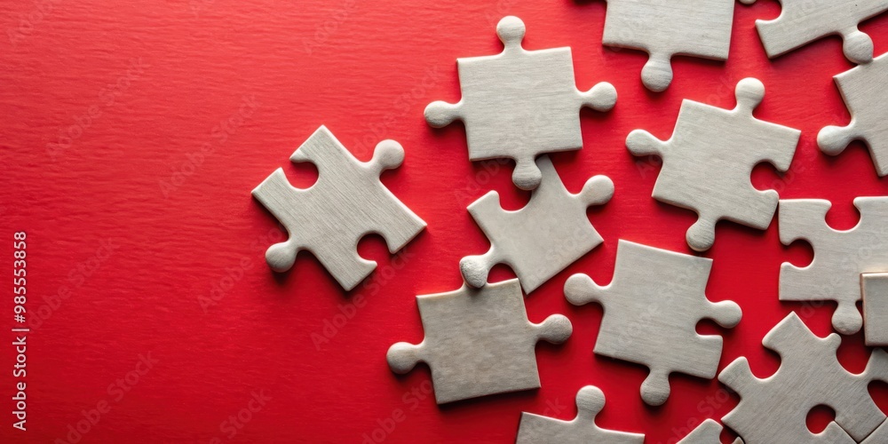 Poster classic puzzle pieces on a red desk, symbolizing problem solving and strategy