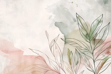 simple and elegant background design with soft pastel colors, featuring delicate line art leaves in shades of green against an abstract watercolor wash of pale pink and peach hues. for wallpaper