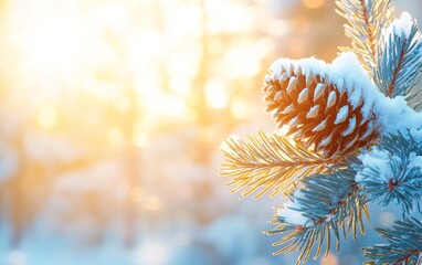 Snow-covered pine branches framing a soft, blurred winter background with falling snowflakes.