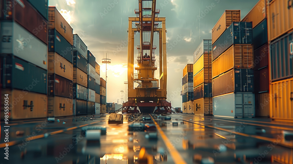 Poster a crane is loading containers onto a ship at seaport. generative ai.