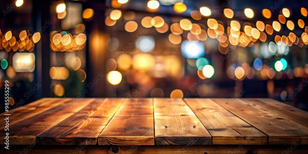 Poster empty wood table top illuminated by soft light bokeh at a dark night party cafe