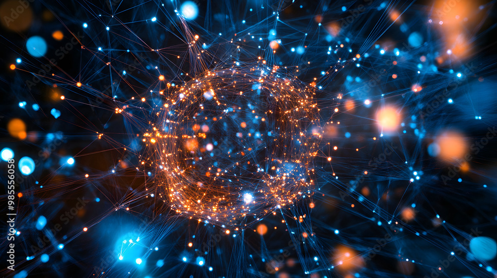 Poster abstract realms of digital data, visualized as a fractal pattern of light and motion against a cosmi